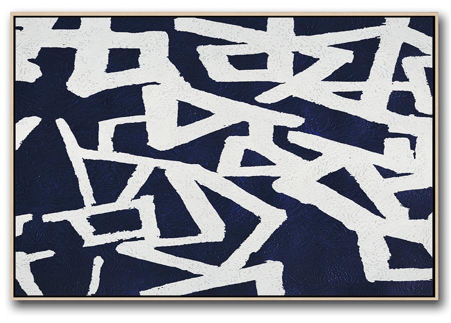 Modern Wall Art,Horizontal Abstract Painting Navy Blue Minimalist Painting On Canvas,Large Canvas Wall Art For Sale